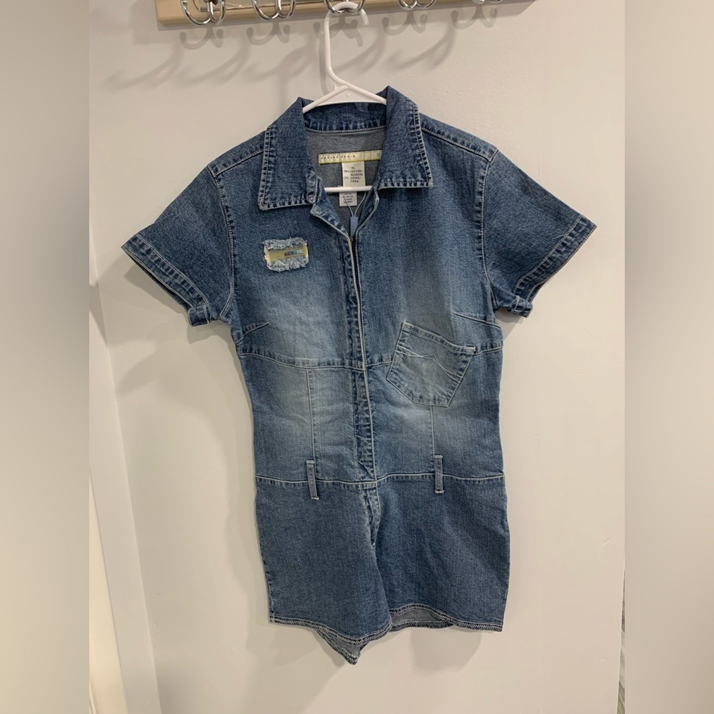 Azzure Denim Jumpsuit Shorts with Frayed Patch Accent - Picture 8 of 14